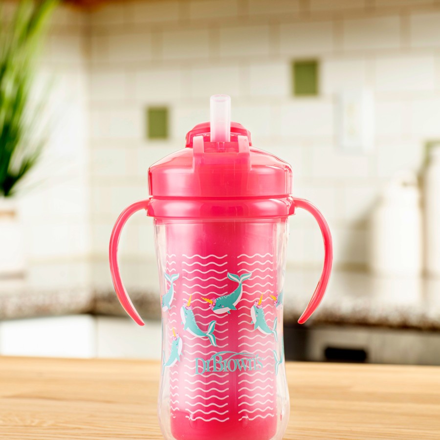 drbrowns-lifestyle-300ml-10oz-Insulated-Straw-Cup-Pink-Narwhal-Open-1